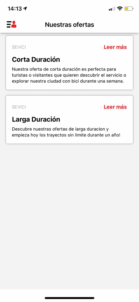 SEVICI app screen showing short and long duration bike rental subscription offers for tourists and residents in Seville