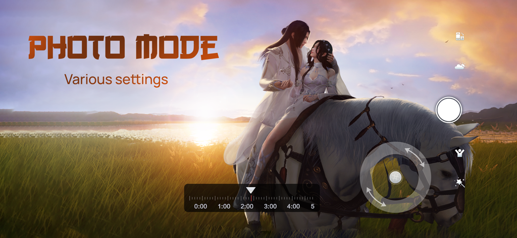 Two characters in traditional Chinese clothing riding a white horse at sunset in the Moonlight Blade photo mode