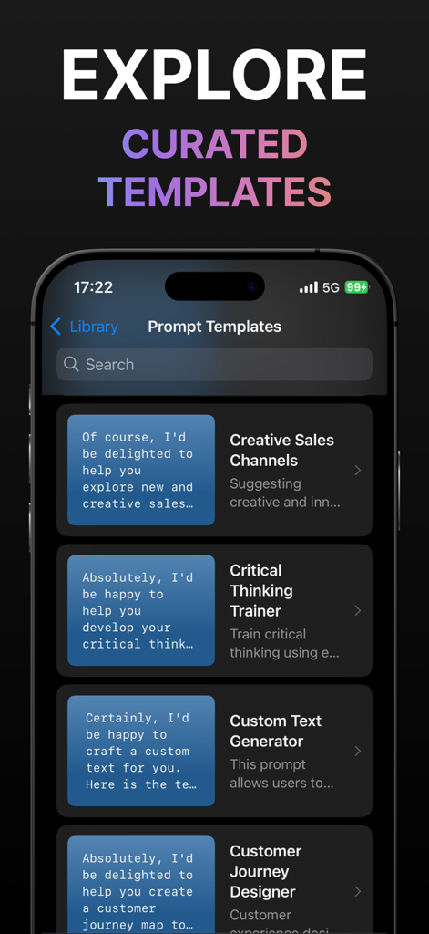 PromptKit: AI Helper - A screen from the PromptKit app showing a curated library of AI prompt templates for sales and critical thinking