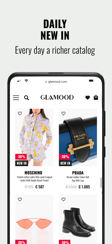 Glamood - Glamood app interface showing daily new luxury arrivals from Prada and Moschino with 30 percent discounts