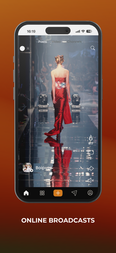 AFree 모바일 앱 인터페이스, 런웨이 패션쇼의 세로 형식 온라인 방송 표시