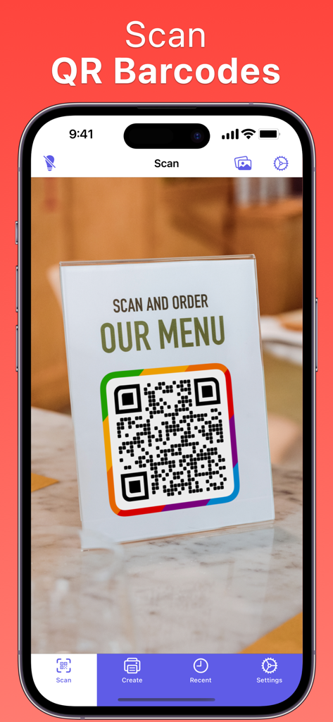 QR Barcode Generator Scanner - iPhone screen showing the QR Barcode Scanner app scanning a restaurant menu QR code.