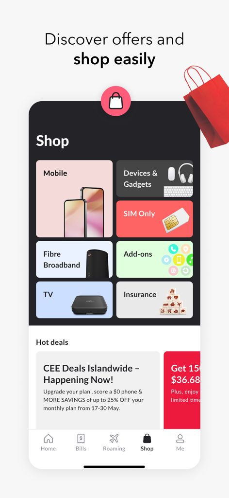 My Singtel app - モバイルプラン、ガジェット、お得な情報を表示する My Singtel アプリのショップセクション