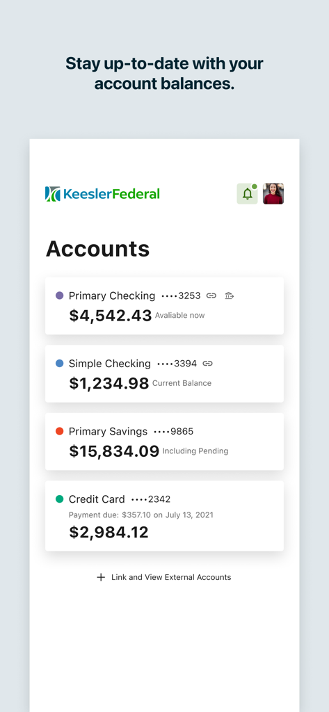 Screenshot of the Keesler Federal Mobile Banking app showing an overview of account balances for checking and savings.