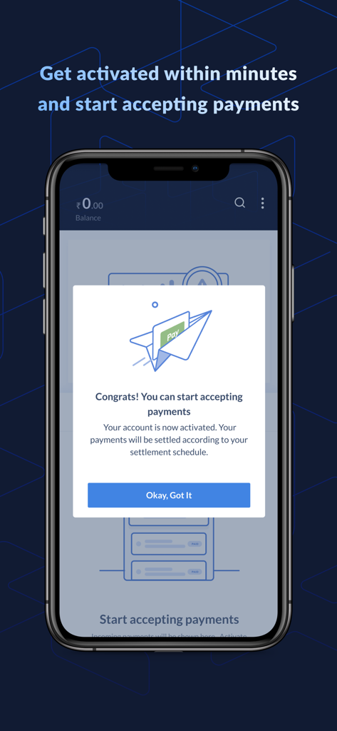 Capture d'écran de l'application Razorpay affichant un message de succès pour l'activation du compte pour commencer à accepter les paiements