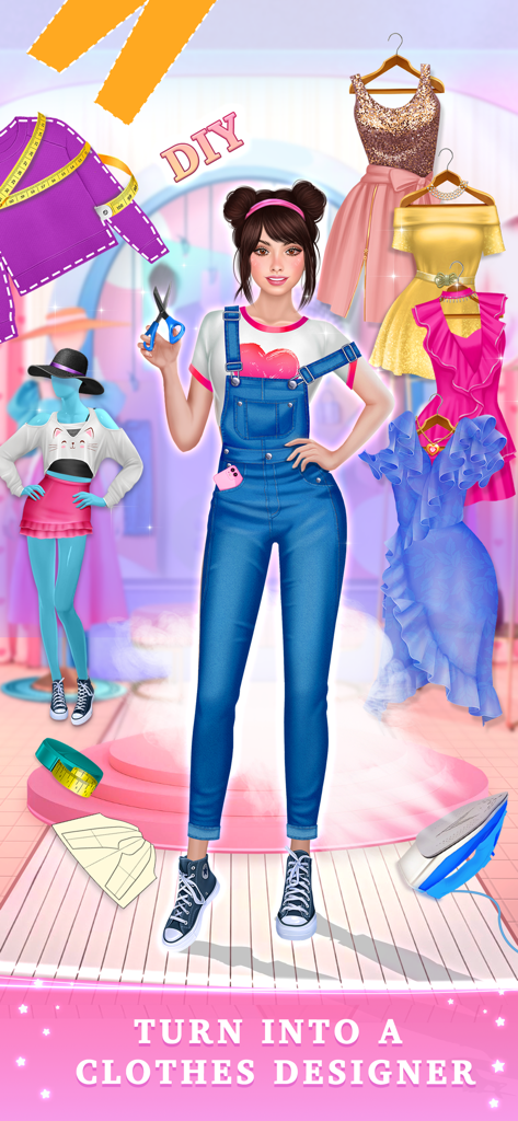 Spa BFF Makeover Dress Up Game - A girl character in denim overalls holding scissors in a DIY fashion designer studio with colorful dresses and sewing tools