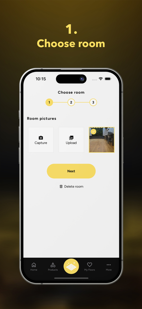 tilo フローリングレイヤーアプリのスクリーンショット。ステップ1で、ユーザーがフローリング視覚化のために部屋の写真を選択またはキャプチャしている様子