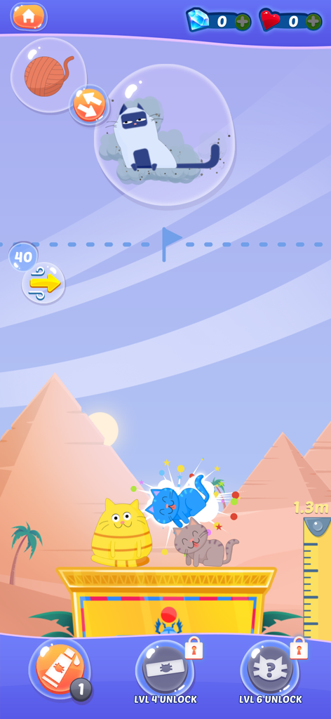 Cat Stack - Colorful cats being stacked on a golden platform in an Egyptian desert setting with pyramids in the background