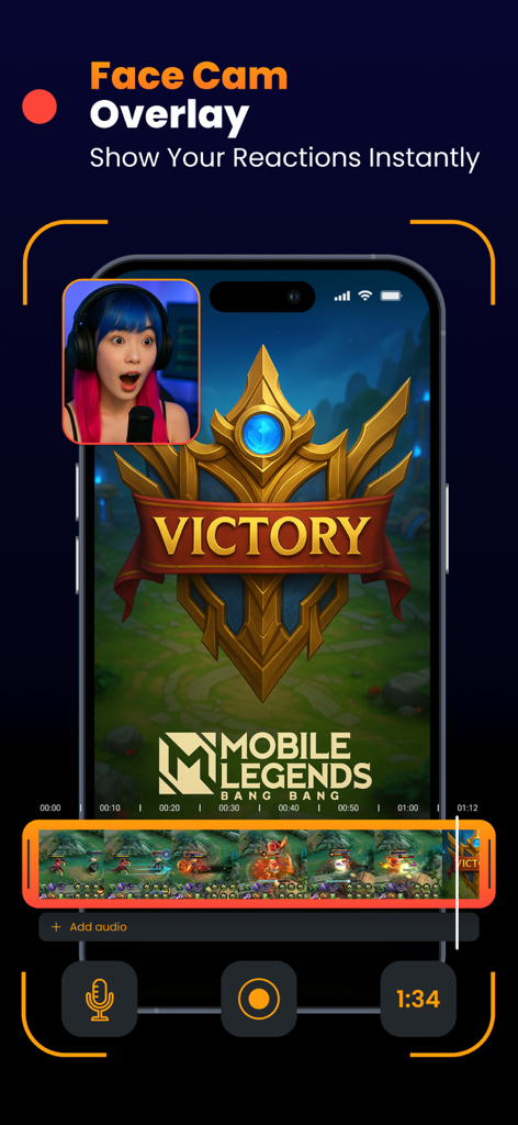 Screen Recorder - Video, Games - Mobile screen recorder interface showing a gamer using the FaceCam overlay feature during a Mobile Legends match