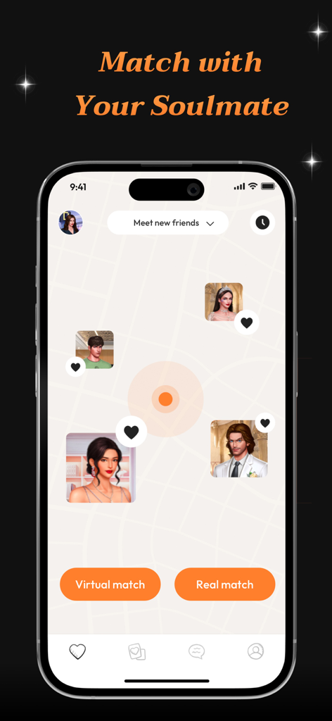 Echo mobile App-Oberfläche, die virtuelle und echte Seelenverwandten-Matching-Optionen mit Avataren auf einer Karte zeigt.