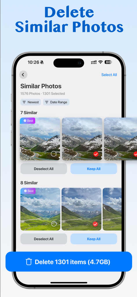 Prime Cleaner: Cleanup Storage - Prime Cleaner app interface showing grouped similar mountain photos with a recommendation for the best shot and a button to delete duplicates to free up storage