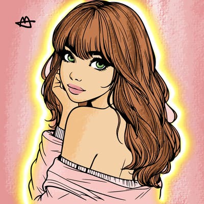 realistic girl with bangs looking over her shoulder