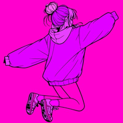 realistic girl jumping with a bun and oversized sweatshirt
