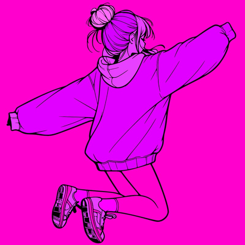 realistic girl jumping with a bun and oversized sweatshirt