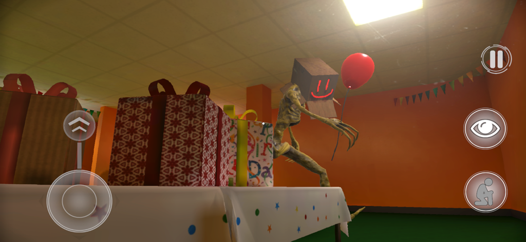 Backrooms: Level Fun - 거대한 선물 상자가 있는 축제 분위기지만 음산한 방에서 빨간 풍선을 든 상자 머리의 무서운 파티고어 개체.