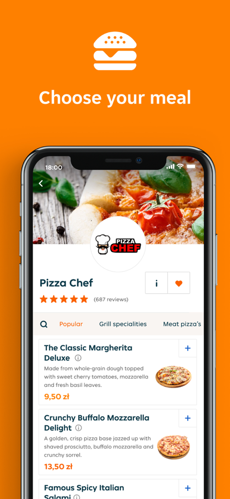 Pyszne.pl - Mobiler Bildschirm der Pyszne.pl App, der das Menü eines Pizza-Restaurants mit Bewertungen und Gerichteoptionen zeigt.