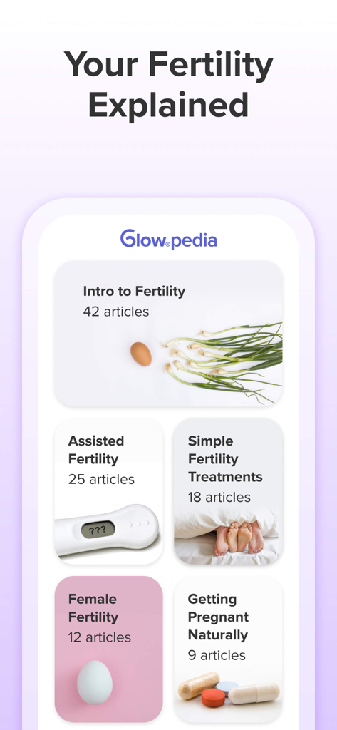 Glow Ovulation & Period App - Glow app Glowpedia screen showing various fertility education categories including assisted fertility and natural conception articles.