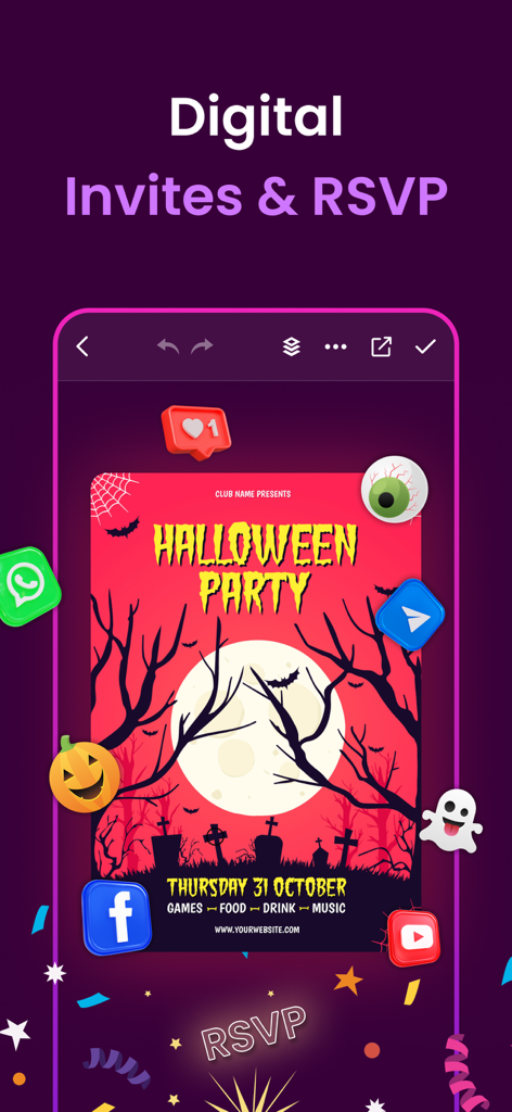 Invitation Maker - Card Maker - Digital invitation maker app with a Halloween party template and social sharing icons