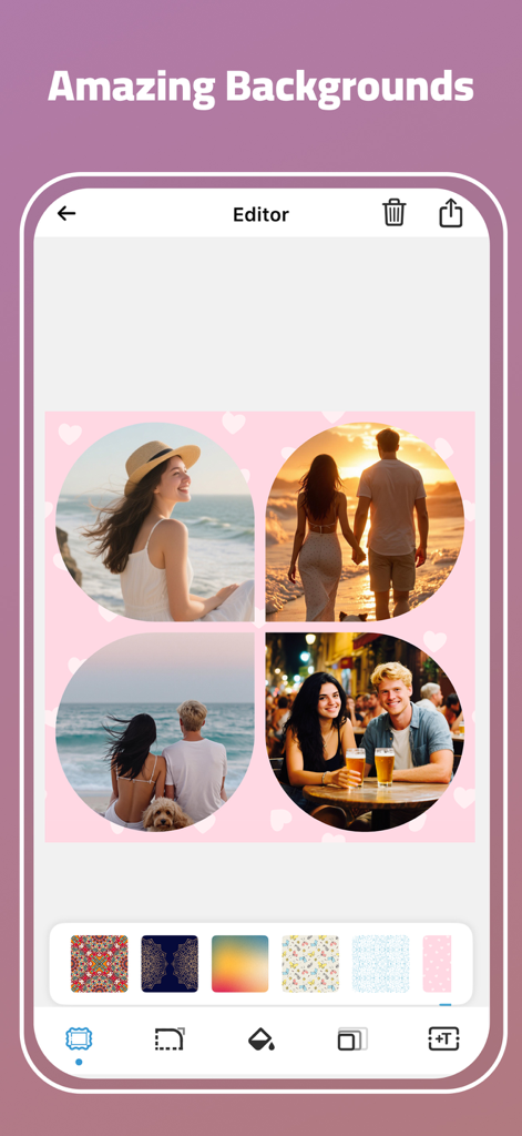 Collage Maker - AI Polaroid - Collage Maker app interface showing a pink heart-themed background selection and a four-photo lifestyle collage.