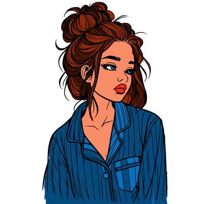 realistic woman with pajamas on and a messy bun