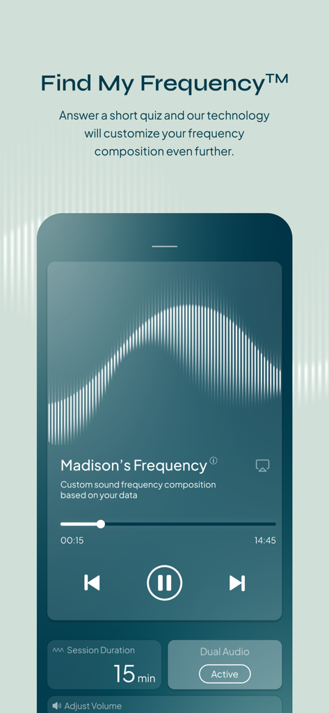 Soaak - Soaak app screen showing a personalized sound frequency player with dual audio active