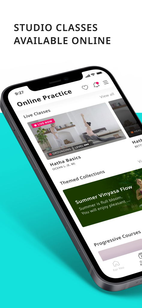 PURE360生活平台-专业瑜伽健身训练 - Interfaz de la aplicación PURE360 mostrando opciones de práctica en línea con clases de yoga en vivo y colecciones temáticas.