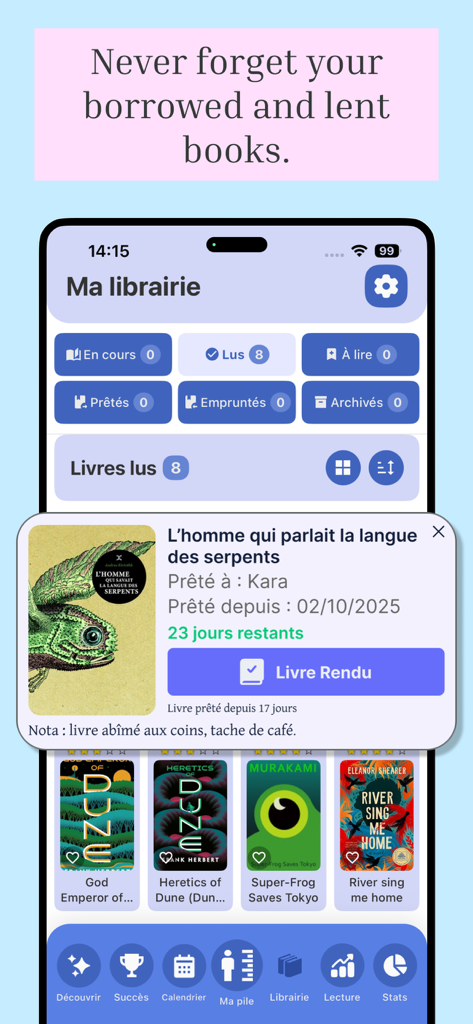 Book Nova mobile app interface showing the library management feature for tracking borrowed and lent books with return status