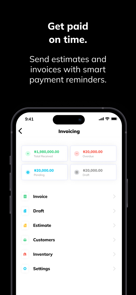 Invoicing screen of the Kuda Business app showing payment tracking for received, overdue, and pending amounts