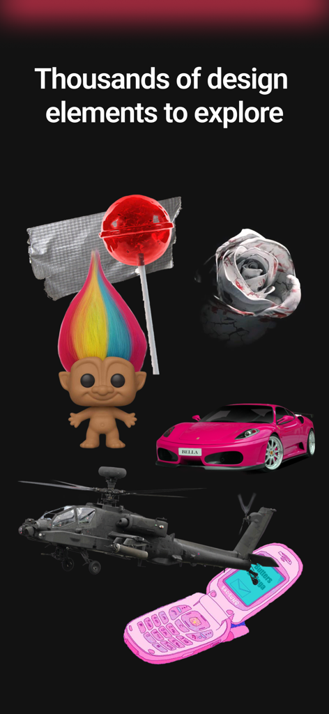 A collection of graphic design elements including a pink sports car and helicopter for mixtape cover art