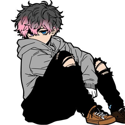 a male hoddie ripped jeans messy hair anime