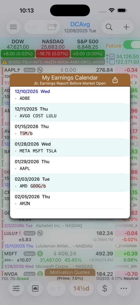 DCAvg - DCAvg app earnings calendar for tracking stock reports