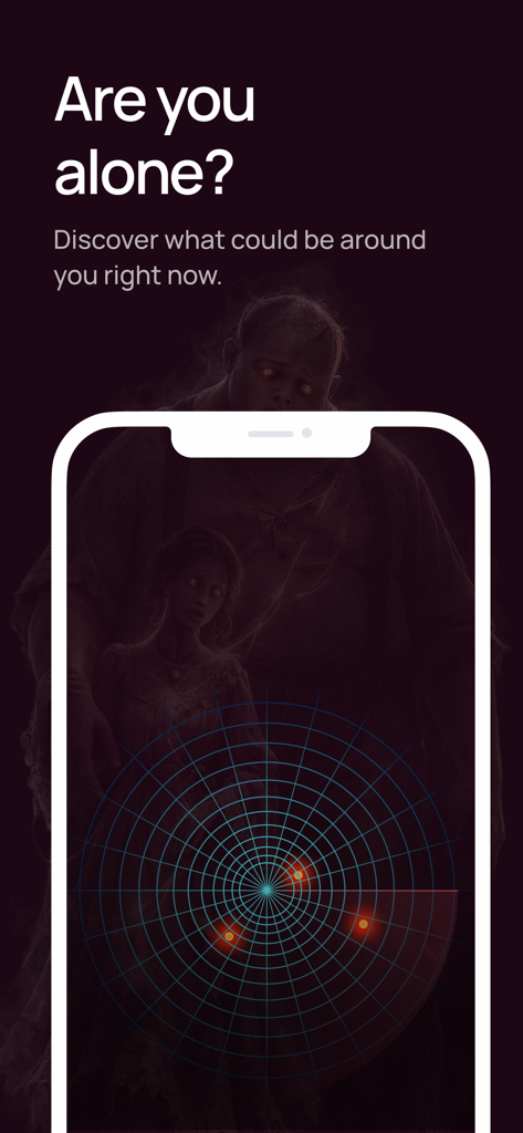 Ghost Detector - Lost Souls - A smartphone screen displaying a ghost detector radar with ghostly figures in the background