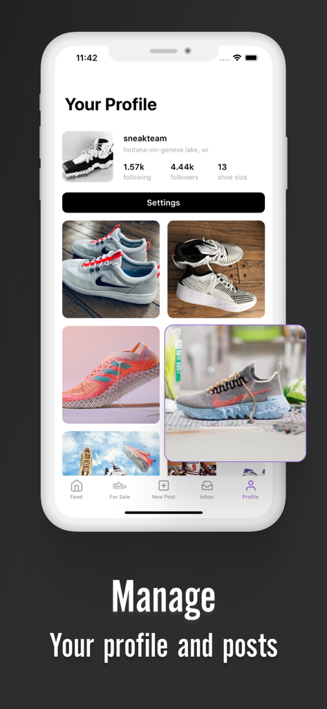 User profile interface on the Sneak Freak app showing a sneaker collection and social stats