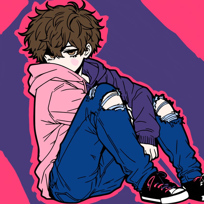 a male hoddie ripped jeans messy hair anime