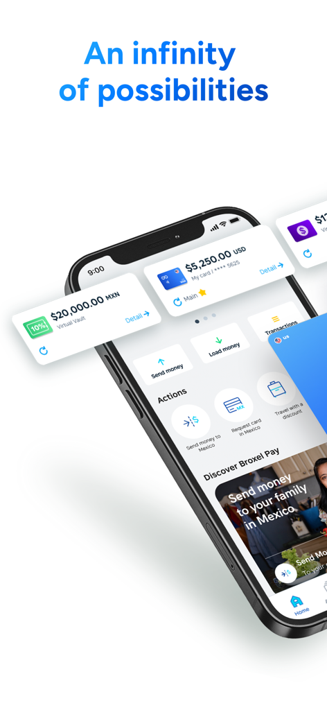 Broxel - Smartphone mostrando el panel de la aplicación Broxel con saldos en dólares estadounidenses y pesos mexicanos