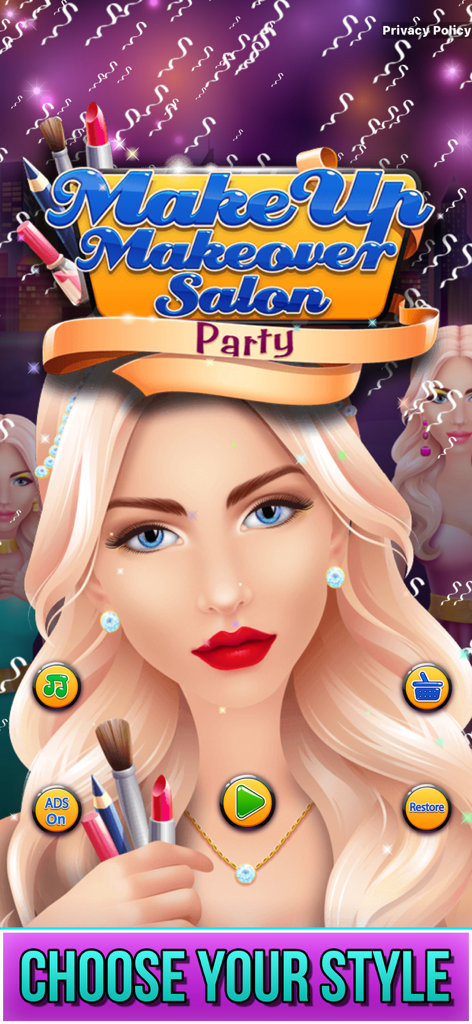 Main menu screen of Make Up Makeover Salon Party app featuring a girl with makeup and brushes