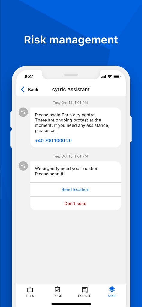 cytric Mobile - Cytric Mobile risk management screen showing safety alerts and location tracking request