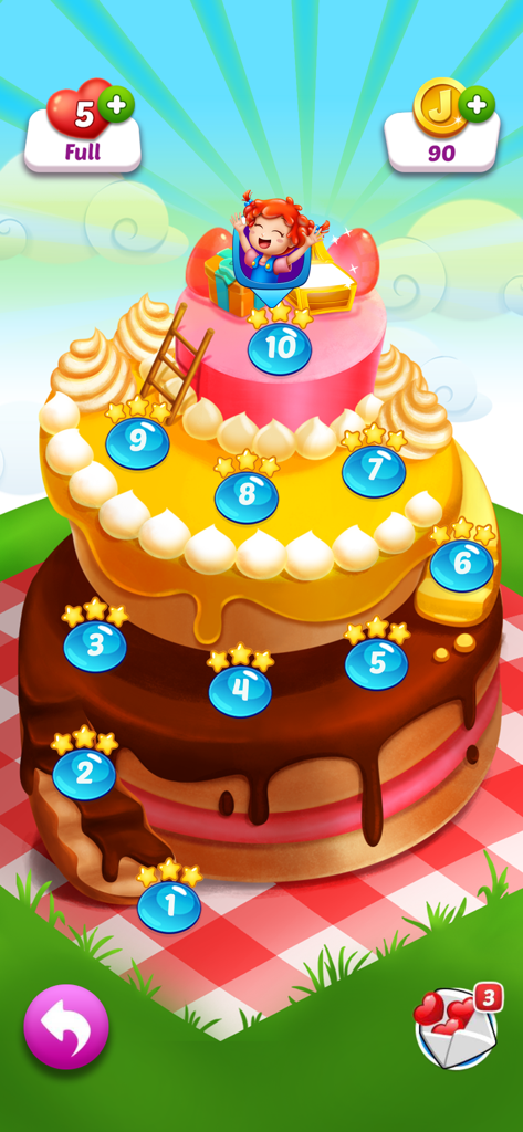 Level progression map in the shape of a giant three tiered cake in the Jelly Juice game