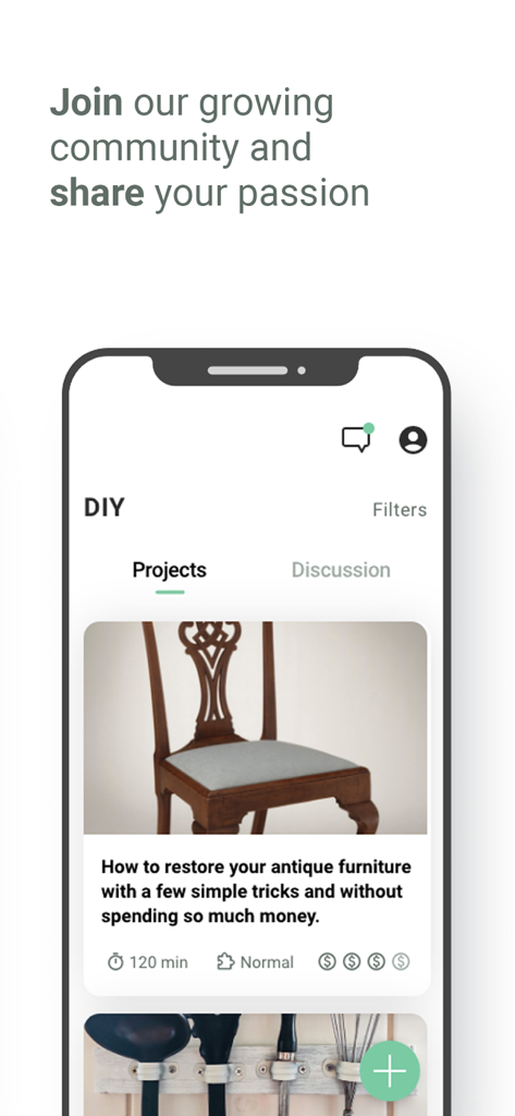 homify - home design - Schermata dell'app homify che mostra un progetto di restauro di mobili antichi fai-da-te e discussioni della community