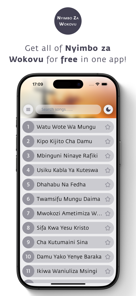 Nyimbo za Wokovu (MPYA) - Mobile app interface of Nyimbo za Wokovu showing a numbered list of Swahili Christian hymns