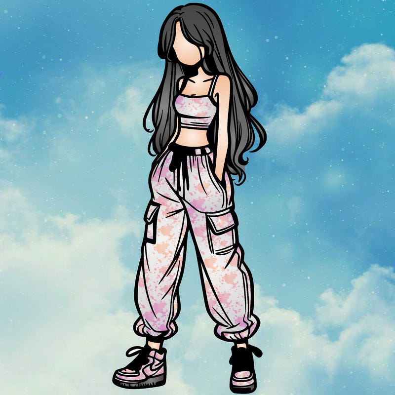 girl in baggy pants crop top and long hair