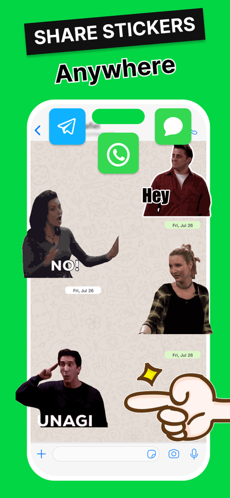 Sticker by Sticker Maker - Mobile app screen showing various character stickers shared in a messaging interface with WhatsApp and Telegram icons