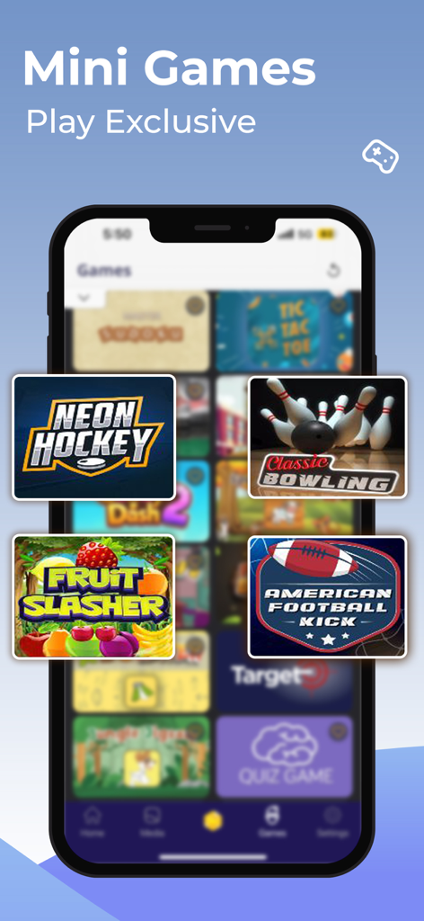 スクリーンレコーダーアプリ内のNeon HockeyやFruit Slasherなどのさまざまな限定ミニゲームを表示するスマートフォンの画面。
