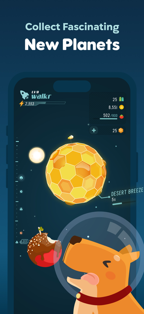 Walkr - Gamified Fitness Walk - Walkr app screenshot showing a golden honeycomb planet and a cute dog in a space suit.