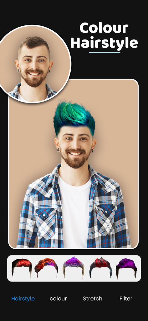 Man Hair Style Editor : Smarty - Mobile app interface showing a man trying out a bright blue and green hairstyle with several color options below