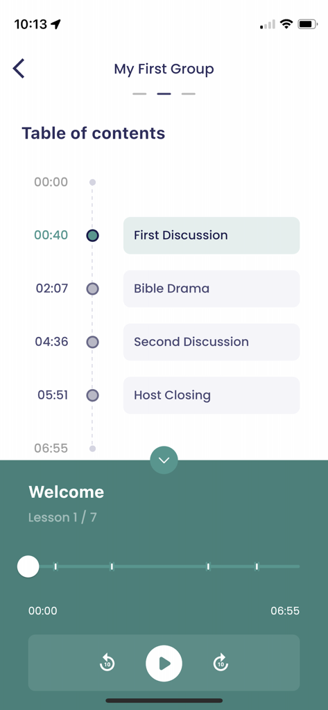 THI Mobile App - Table of contents for a trauma healing group session with an audio player in the THI Mobile App
