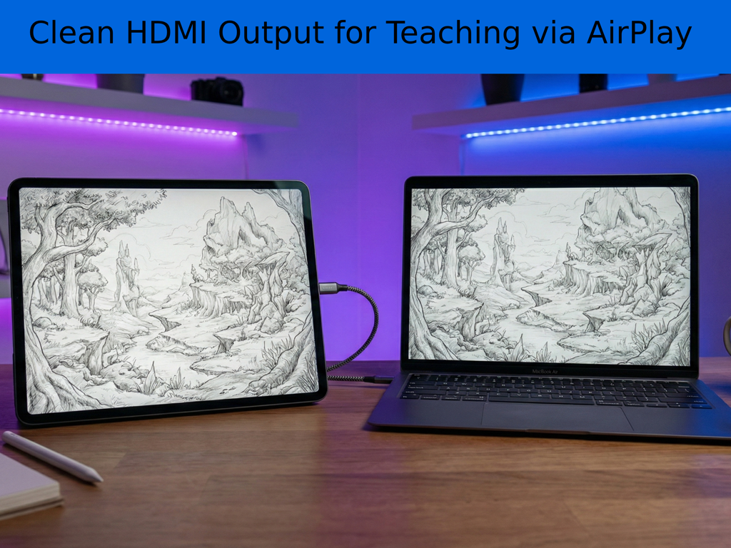 DrawLikePro - Pantallas de iPad y portátil mostrando una interfaz de dibujo limpia para instrucción de arte a través de salida HDMI.