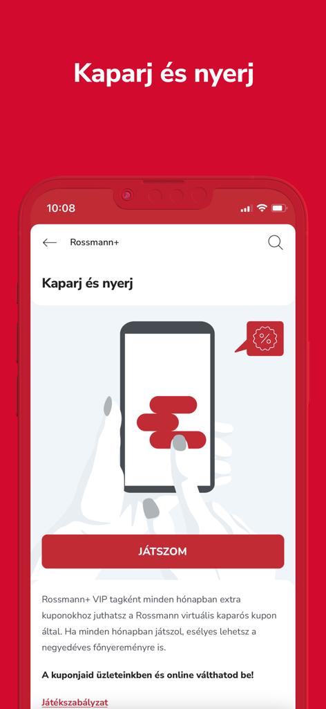 Rossmann - Interface of Rossmann app showing a virtual scratch and win game for loyalty rewards and digital coupons