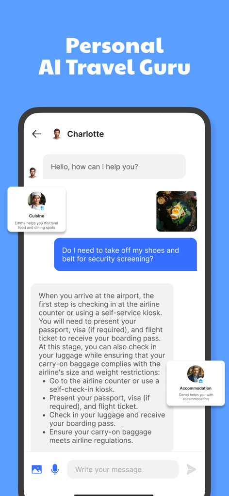Screenshot of the AI Translator app showing a chat with an AI travel assistant providing airport security information