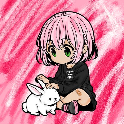 a lil anime girl sitting down criss cross apple sauce petting a bunny
